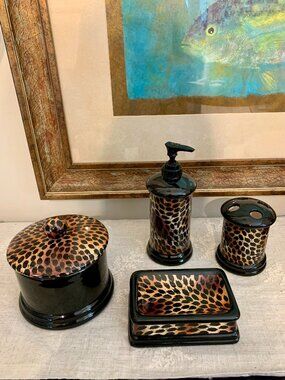 Vintage Hand Painted Ceramic Leopard Print India Ink 4 Pc Bathroom Accessories